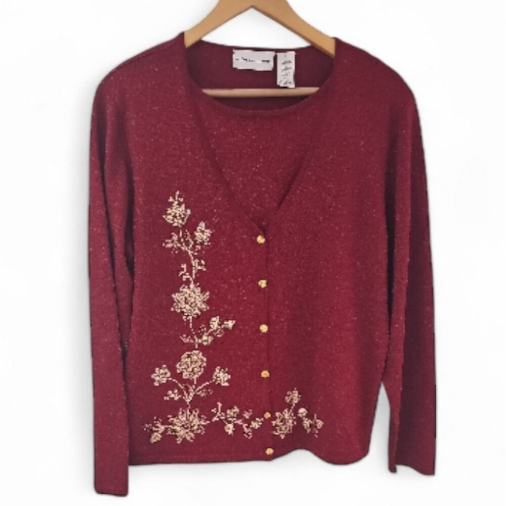 Alfred Dunner Metallic Embroidered Twinset Cardigan Women L Burgundy Grandmacore